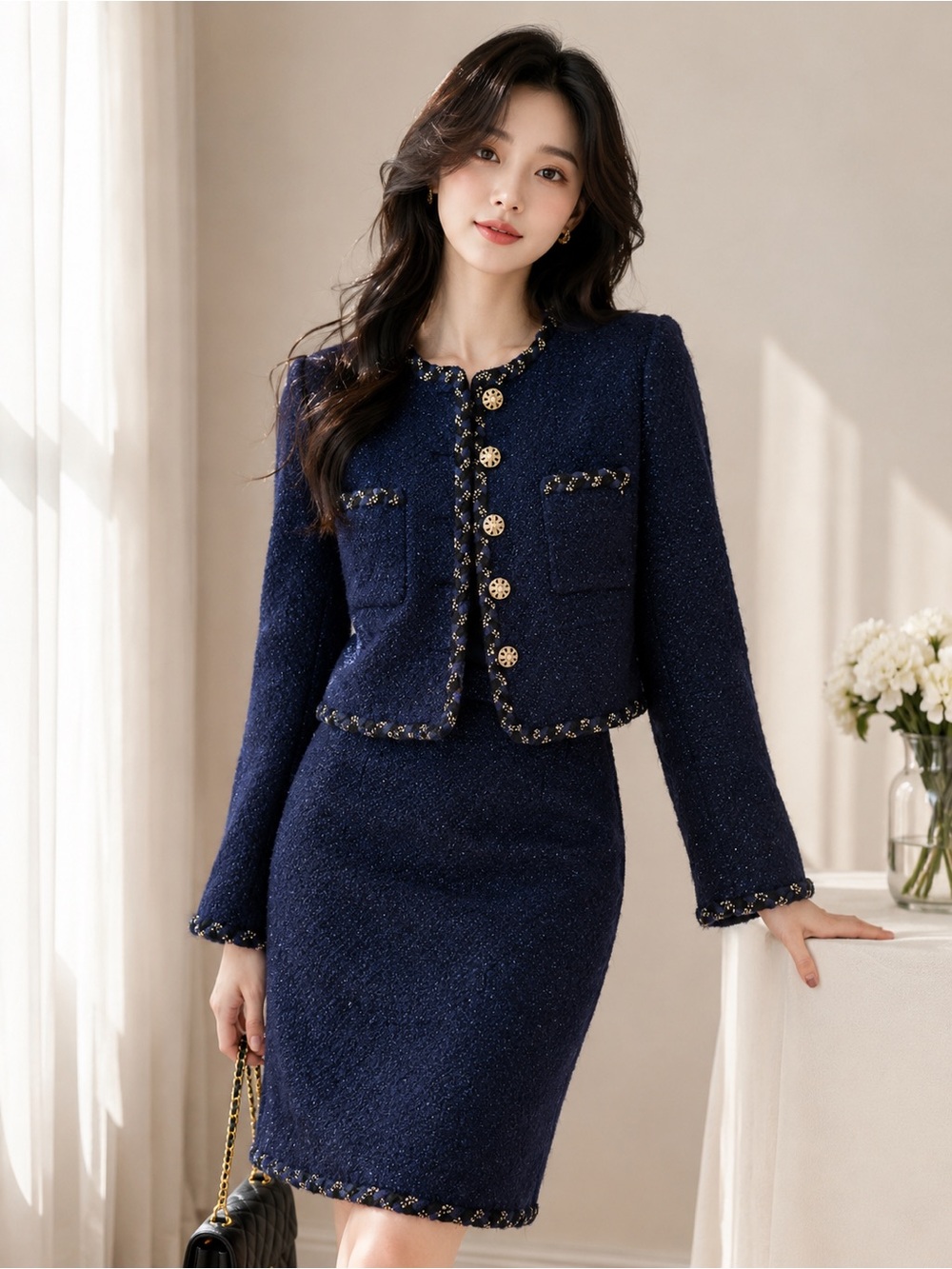 Women’s Navy Blue Wool Blend Tweed Jacket & Pencil Skirt 2-Piece Set